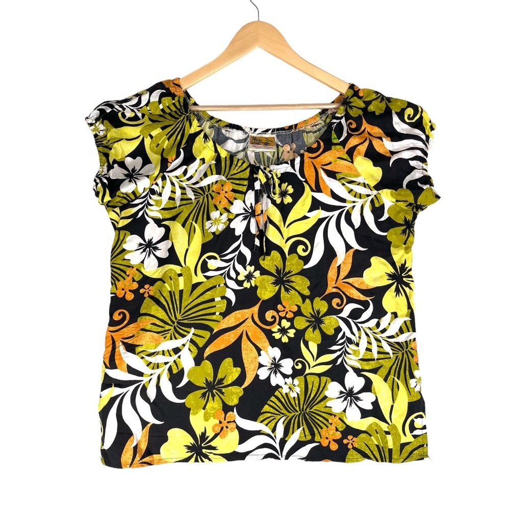 Winnie‎ Fashion floral smocked sleeve Hawaiian shirt sz L